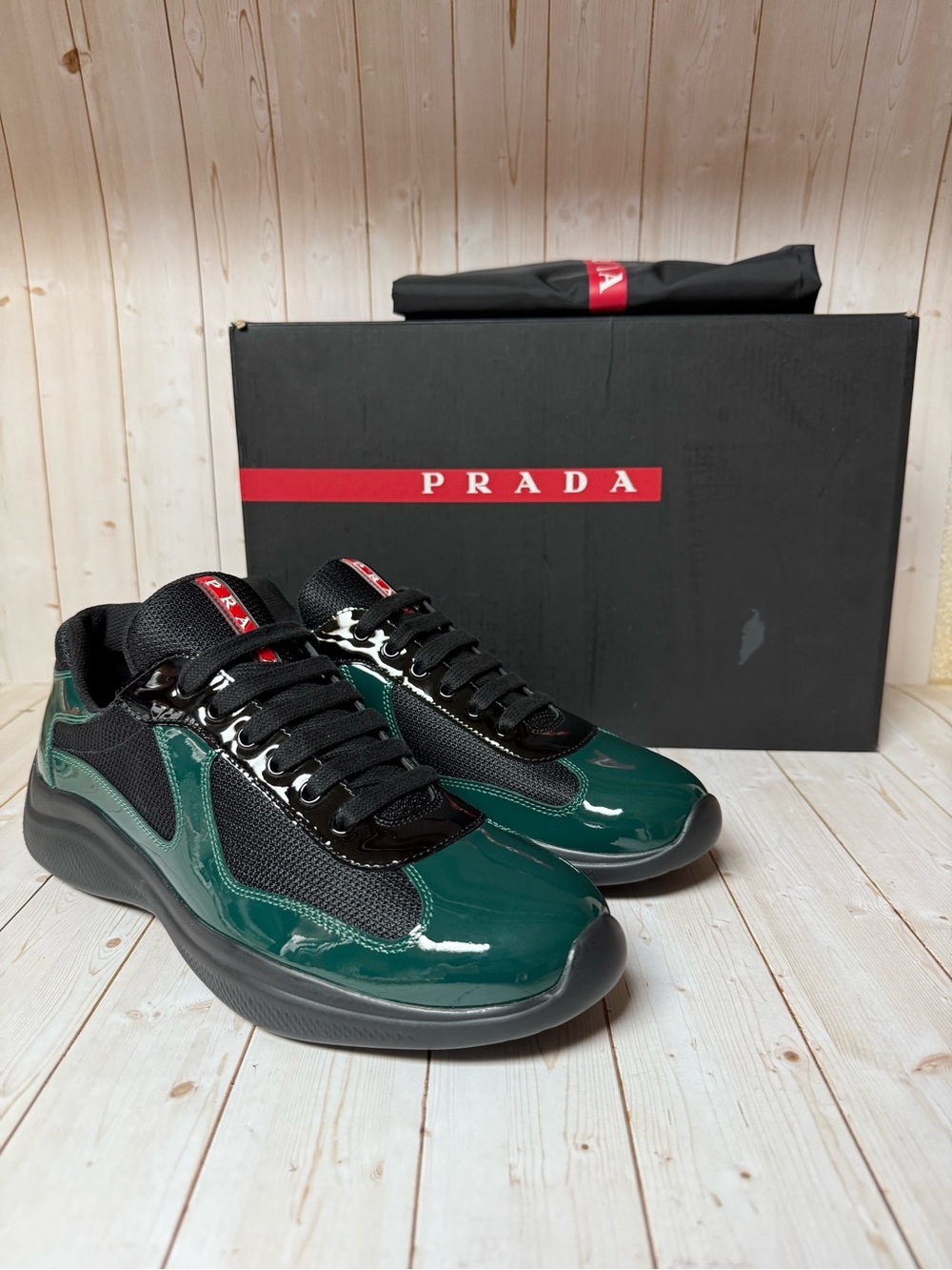 Prada America’s Cup Patent Leather &Fabric Sneaker Black/Green Sz 9.5UK / 10.5US